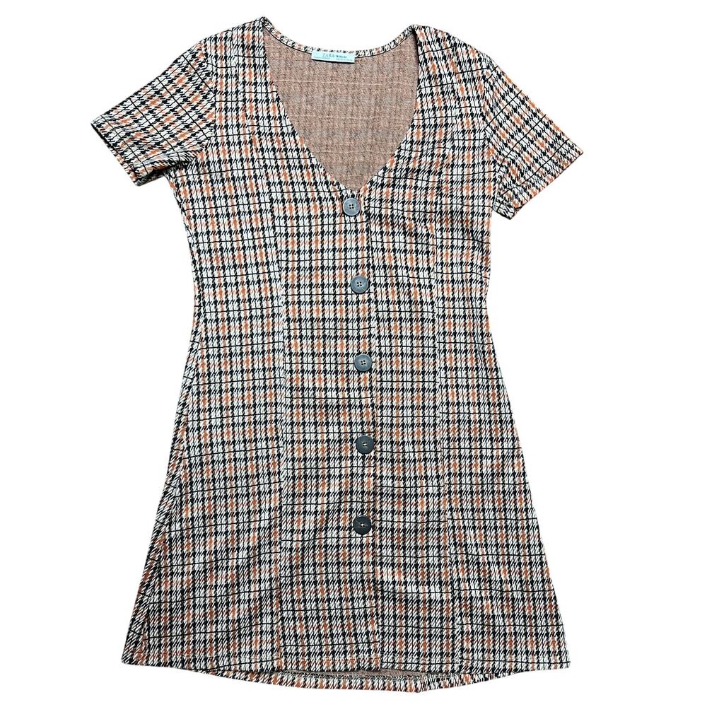Zara Trafaluc Check  Mini Dress Size Small Button Front Retro Academia Preppy
